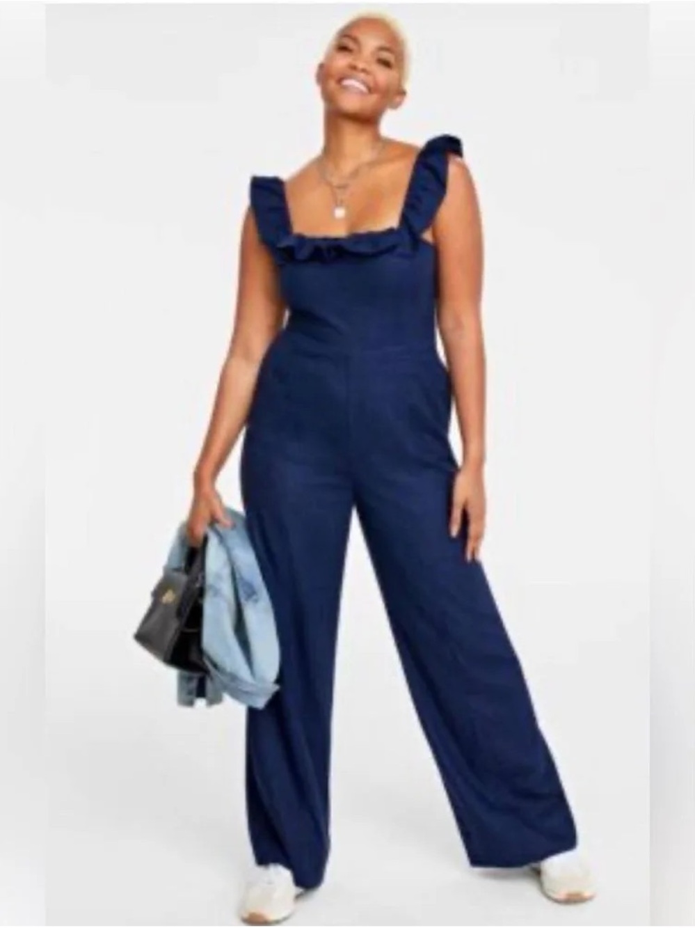 ON 34th Linen Blend Ruffle Strap Wide Leg Jumpsuit in Navy